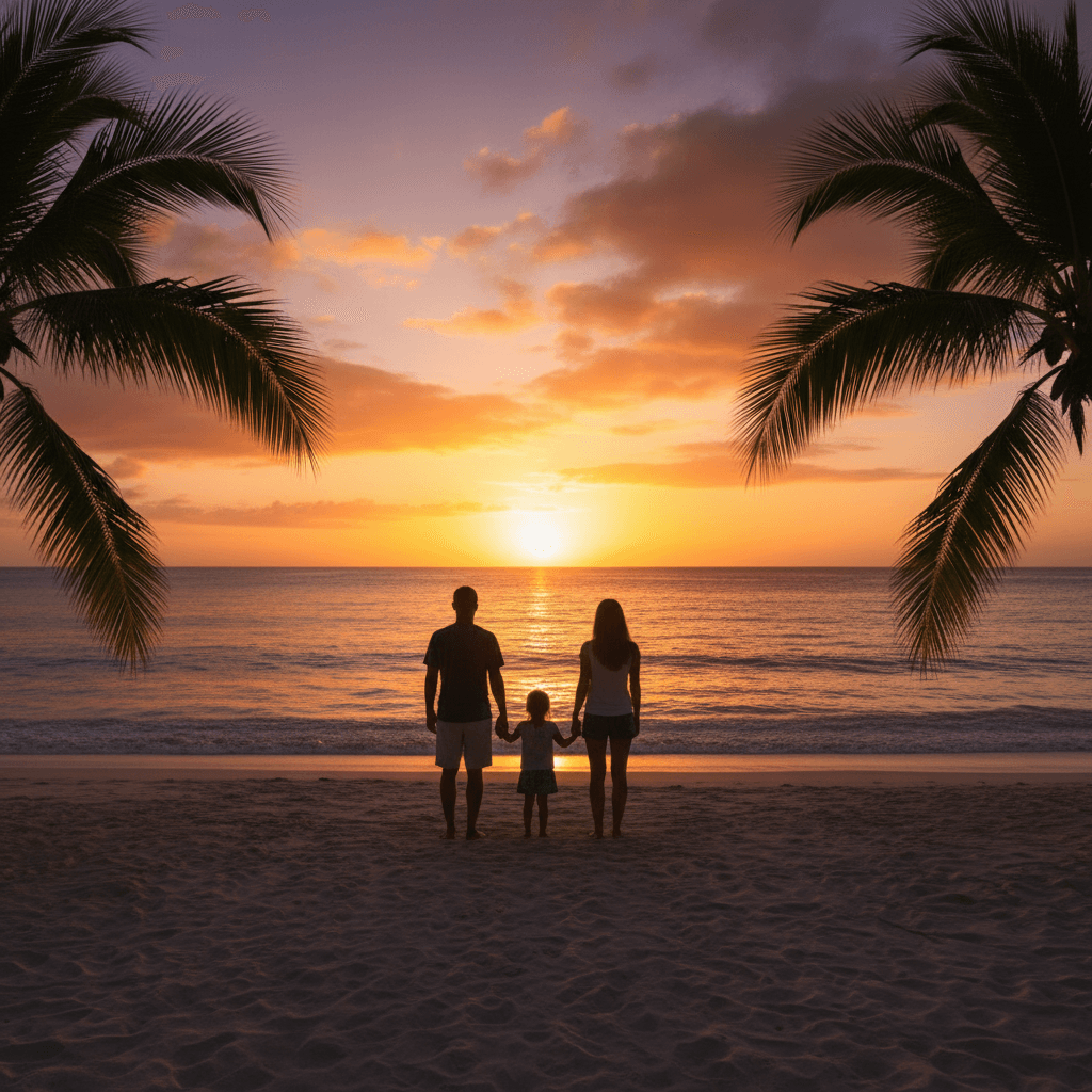 家族で過ごすハワイの夕暮れ
