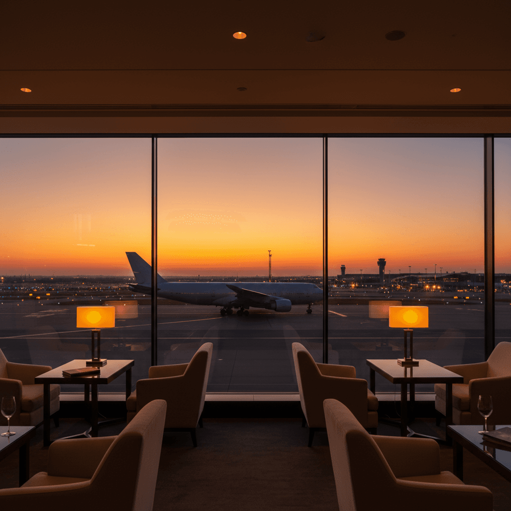 空港の窓から見える夕暮れの滑走路、ラグジュアリーな旅を予感させる情景
