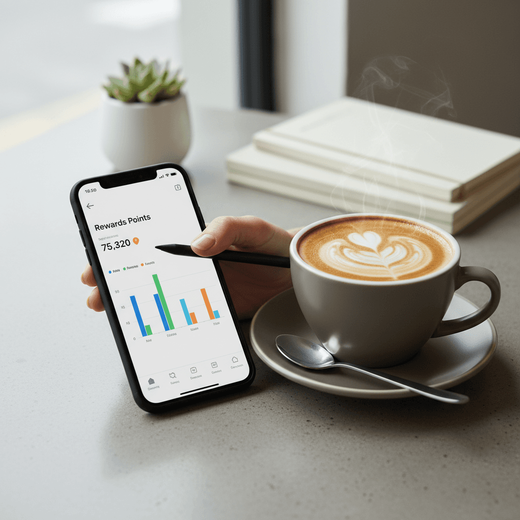静かなカフェのテーブルに置かれたスマートフォン、スマートな決済をイメージ