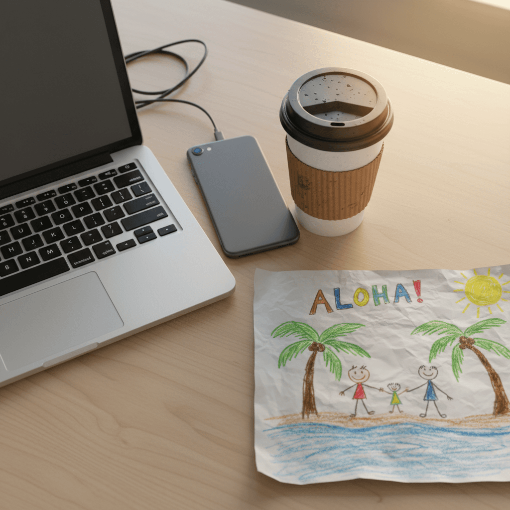 デスクに置かれたコーヒーと、ハワイの風景が描かれた一枚の絵