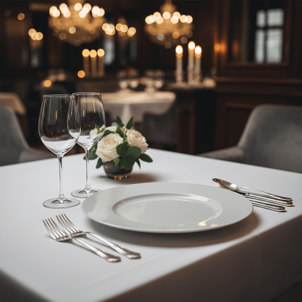 高級レストランのテーブルセッティング。磨き上げられたカトラリーとグラスが並び、プロフェッショナルなサービスを予感させる。](![高級レストランのテーブルセッティング。磨き上げられたカトラリーとグラスが並び、プロフェッショナルなサービスを予感させる。