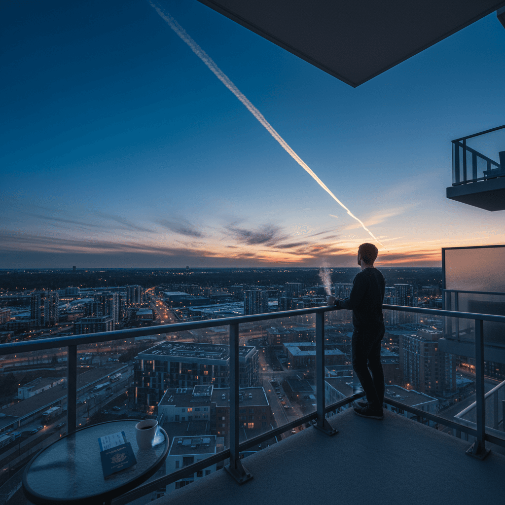 青空に飛行機雲が描かれた、マイルでの旅を予感させる開放的な風景