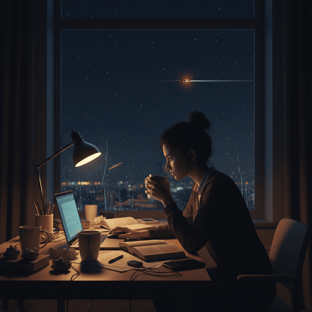 深夜のデスクで葛藤する女性のシルエット