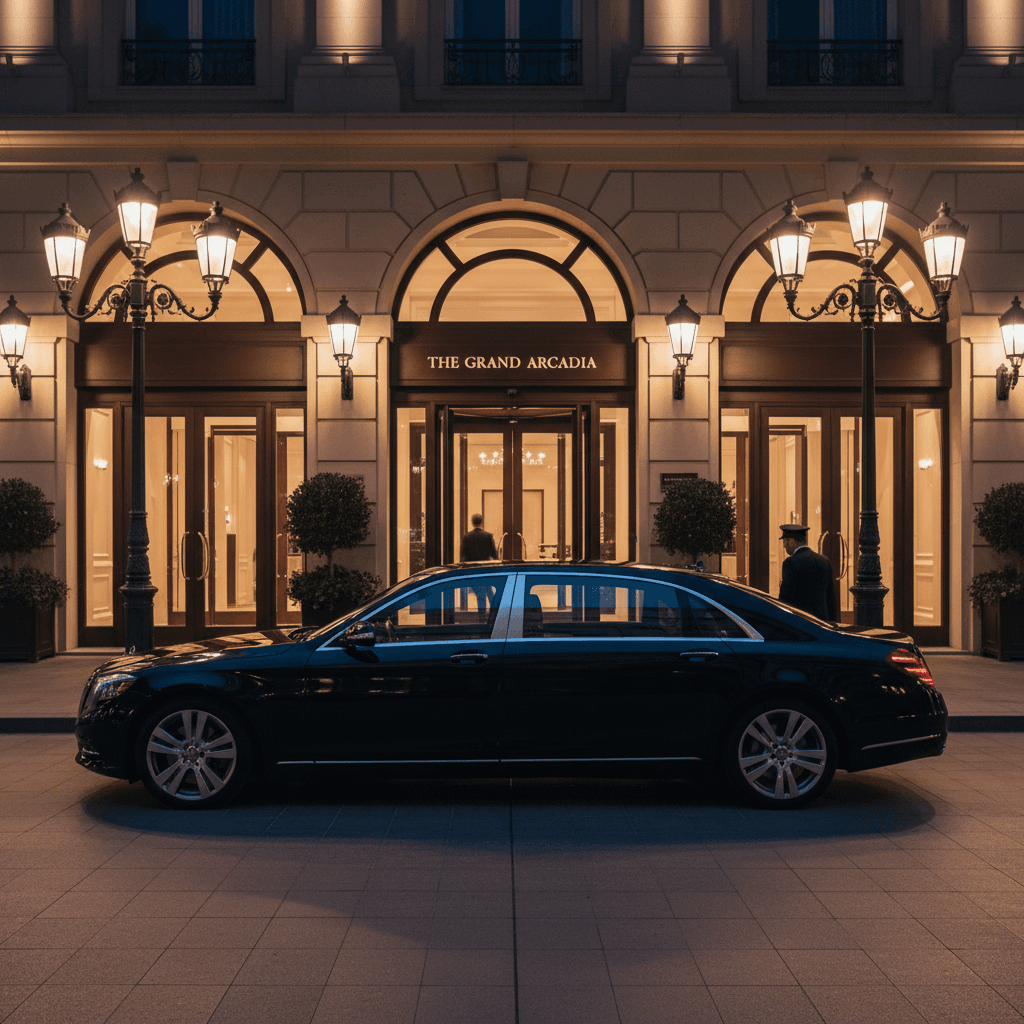 高級ホテルの車寄せで待機する黒塗りのハイヤー。夜の街灯が静かに車体を照らしている。