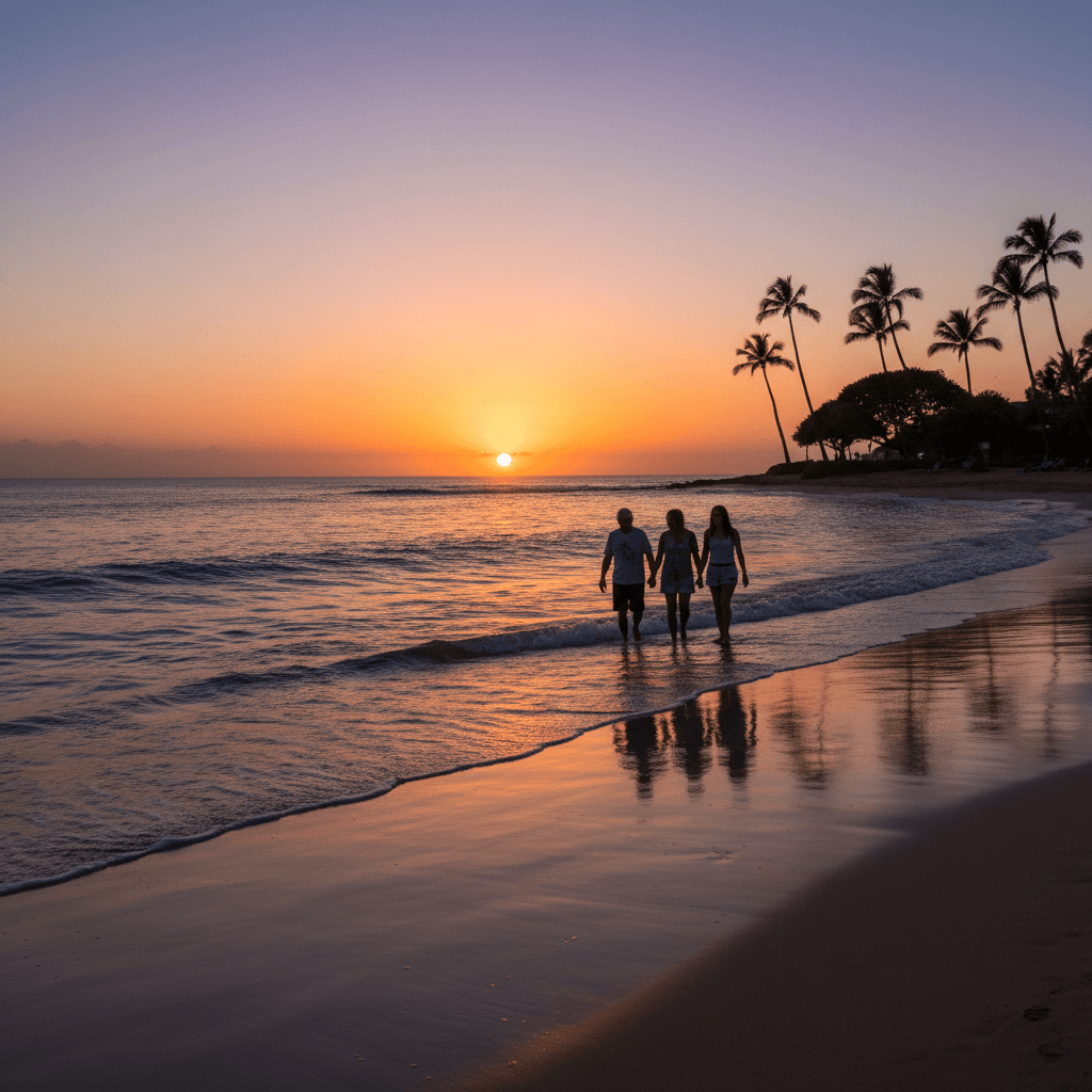 ハワイの美しい夕日の中、遠くで寄り添って歩く家族のシルエット