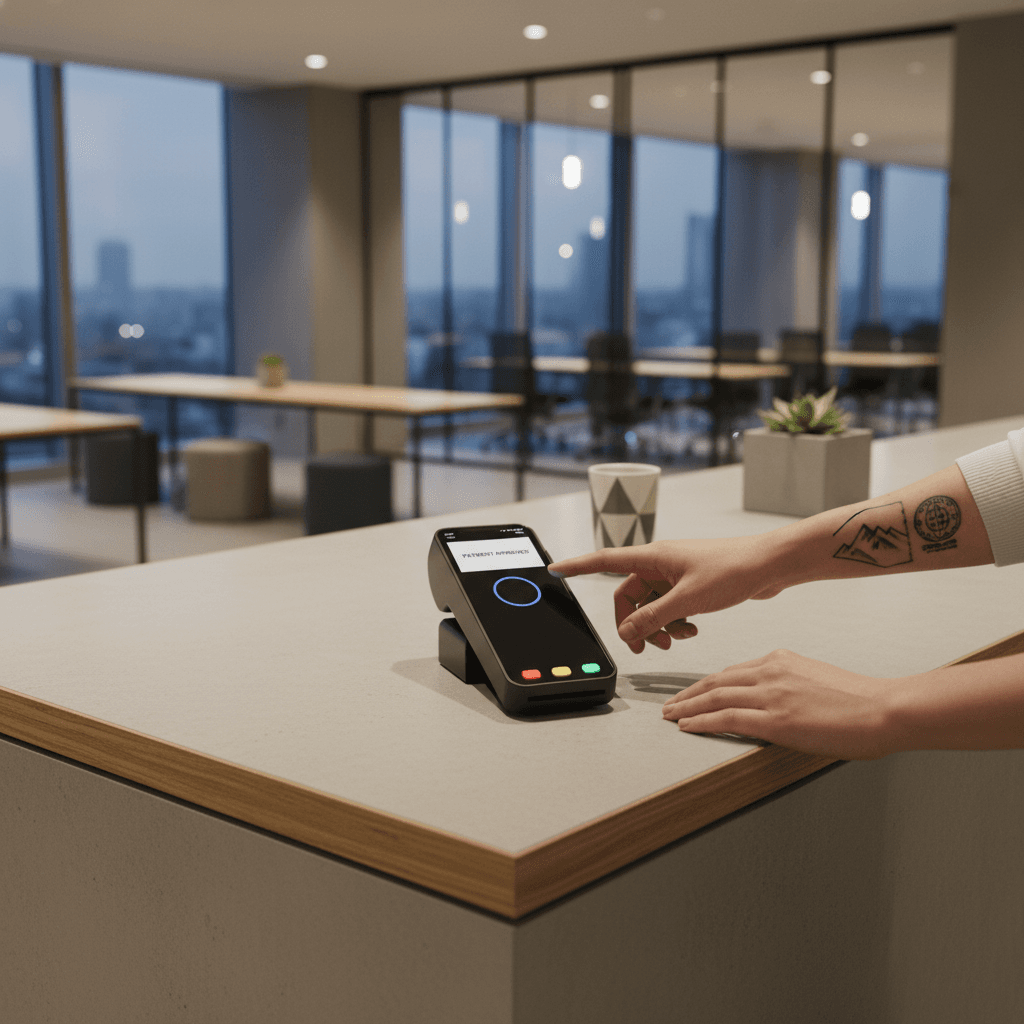 都会的で洗練されたカフェのレジカウンター。非接触決済端末が置かれ、ミニマルな雰囲気が漂う。