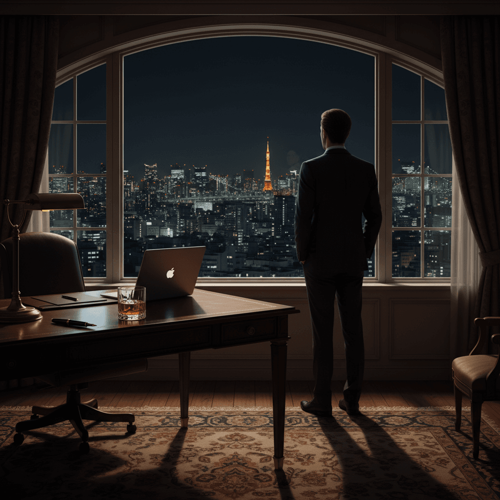 港区の夜景を望む静寂な書斎