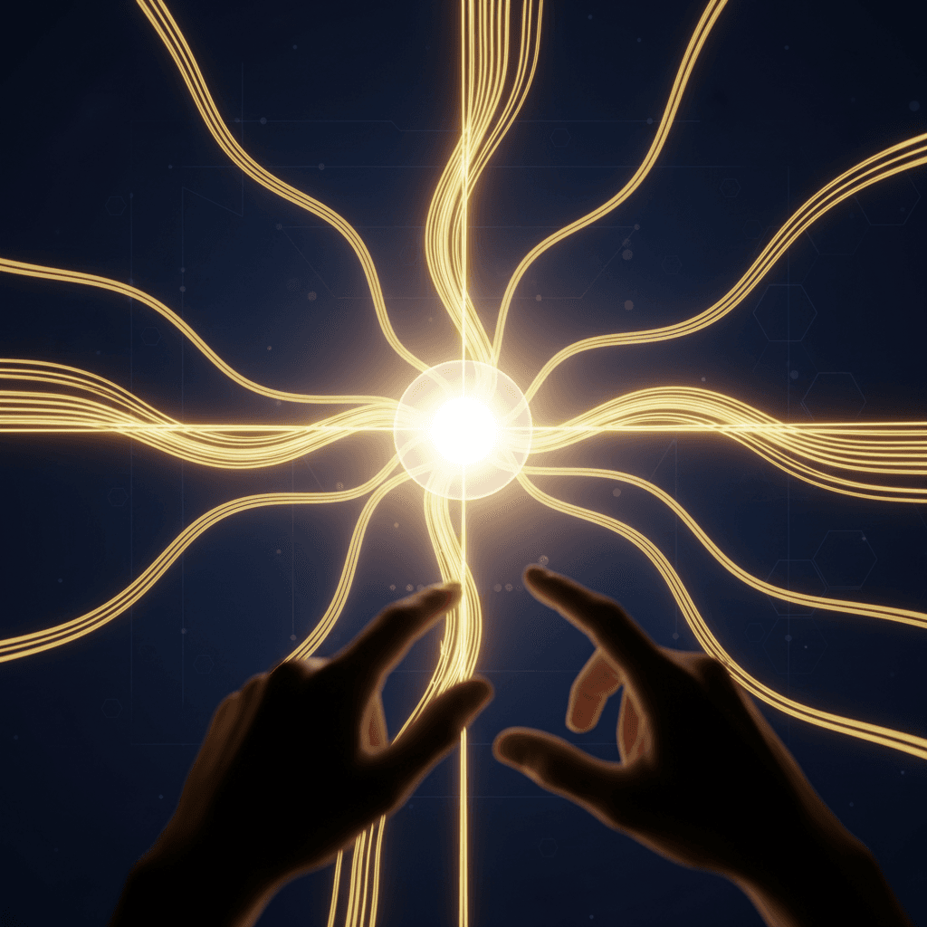 黄金色の光が一点に集約される抽象的なイメージ。効率と集中を表現