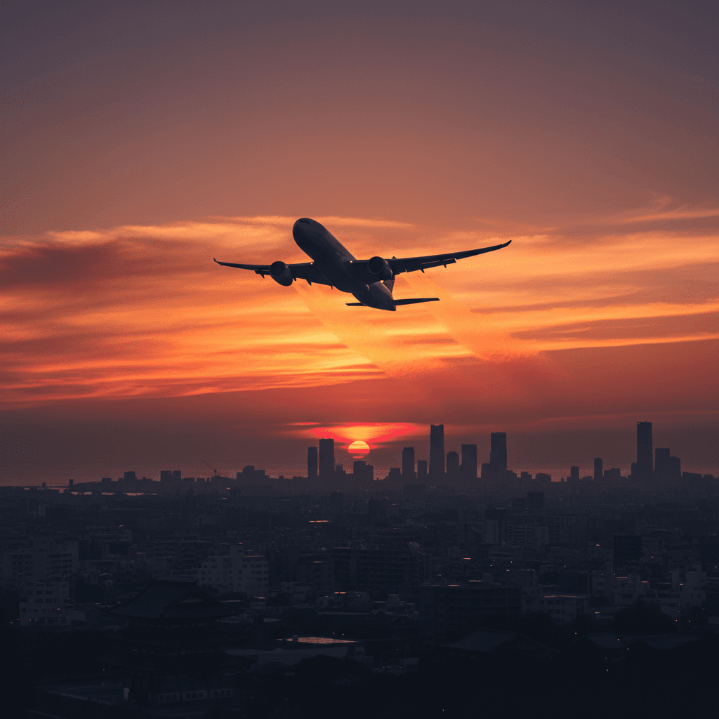 夕暮れの空を飛ぶ飛行機と都市のシルエット
