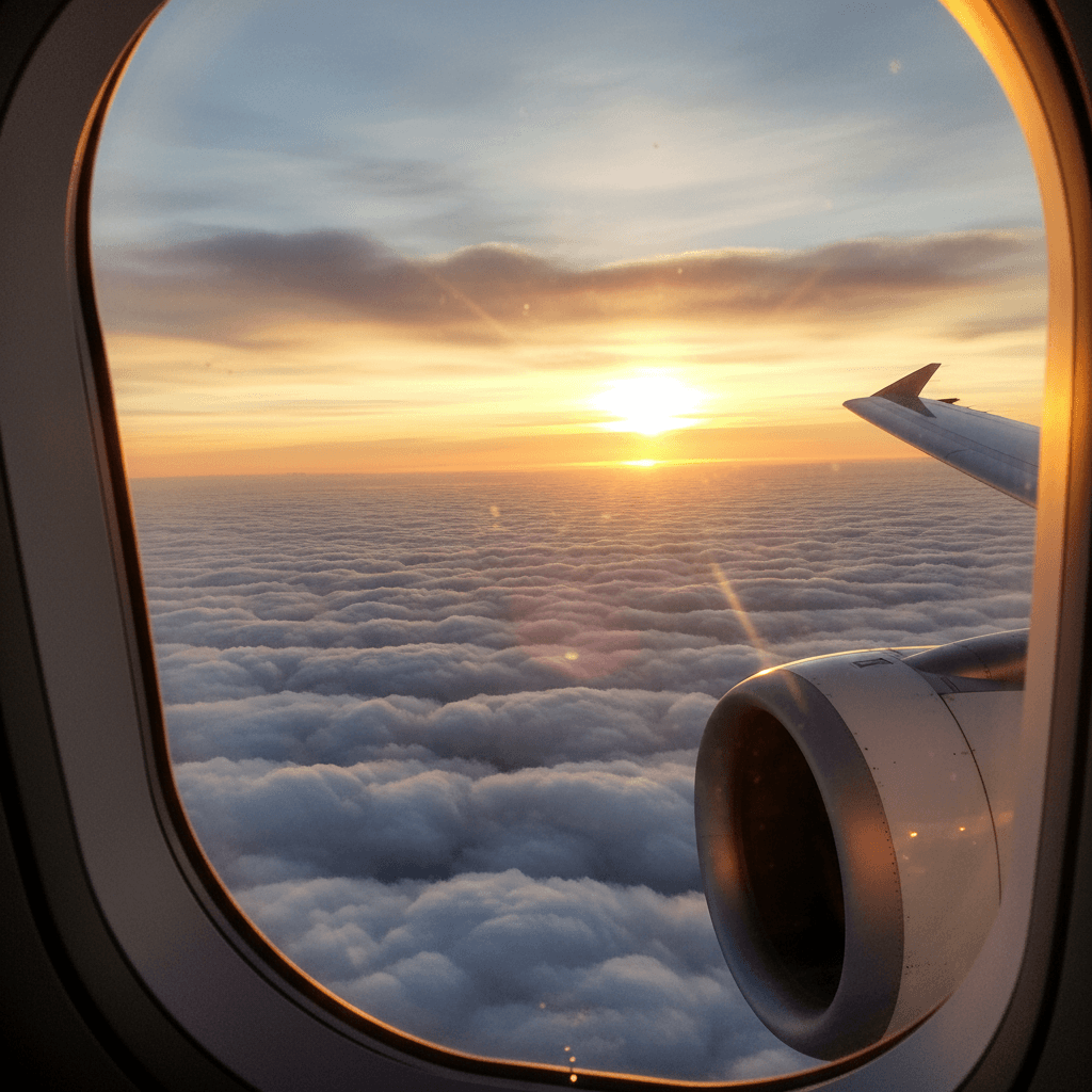 飛行機の窓から見える美しい雲海と夕陽。自由なライフスタイルを象徴する風景