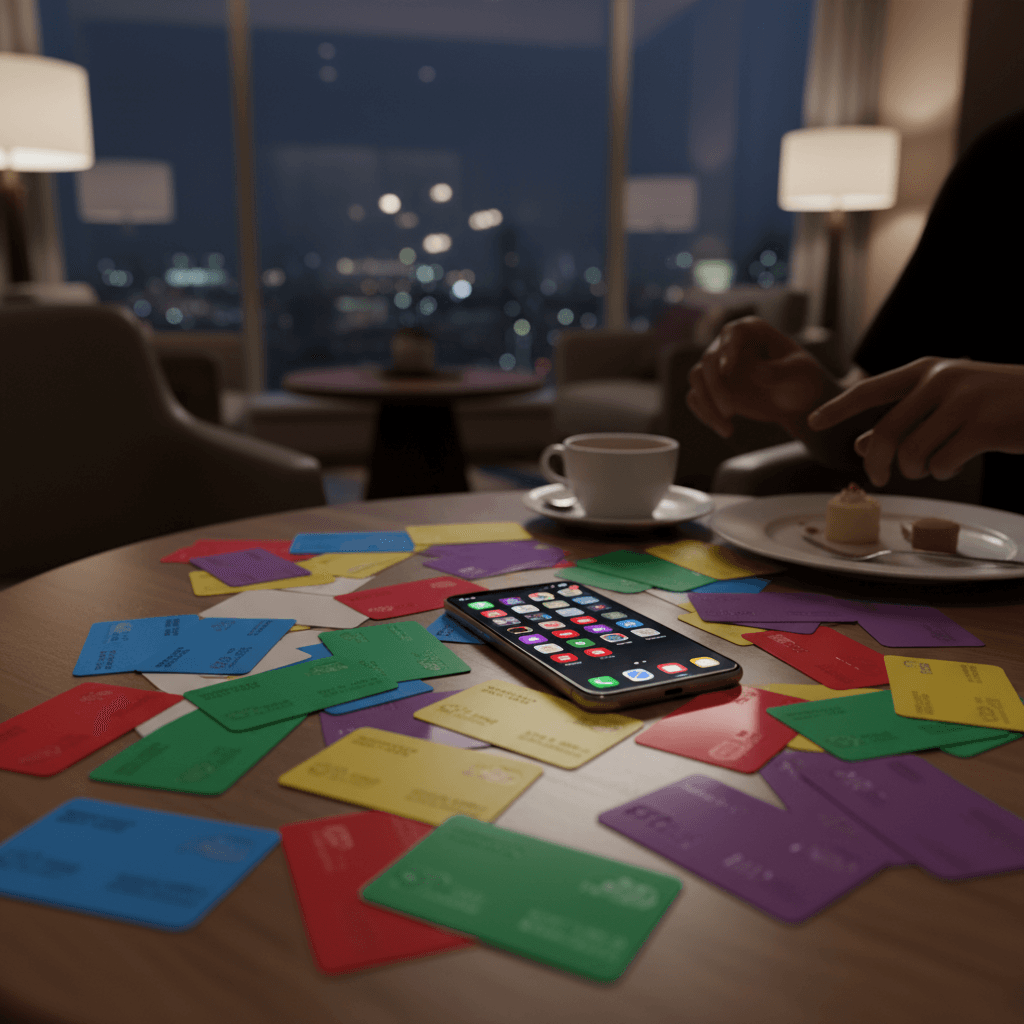 散らかったデスクの上に置かれた複数のプラスチックカードと通知が鳴り止まないスマートフォンのイメージ。背景は少し暗く、煩雑さを表現。