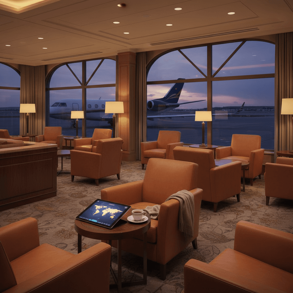 高級感のあるラウンジで次の出張を計画するイメージ