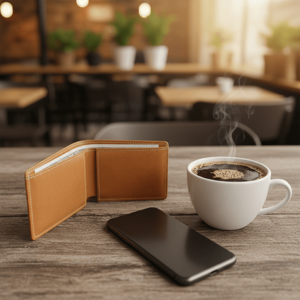 ミニマルな財布とスマートフォンが置かれたカフェのテーブル