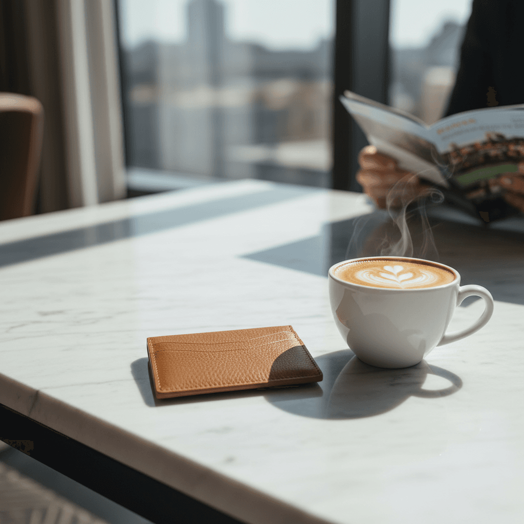 清潔感のある白いテーブルの上に置かれた、上質な革のカードケースと一杯のコーヒー。