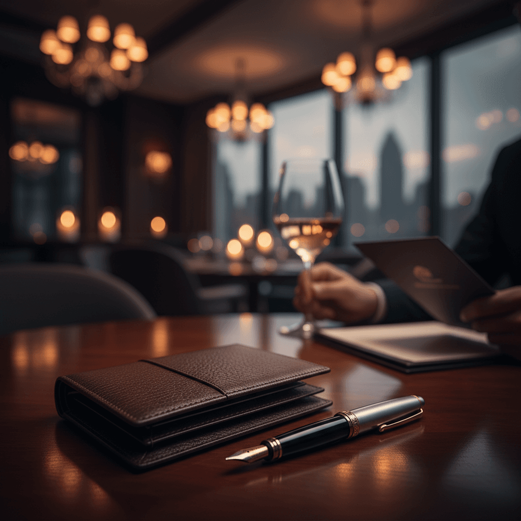 高級感のあるレストランのテーブルに置かれた革製の財布と万年筆