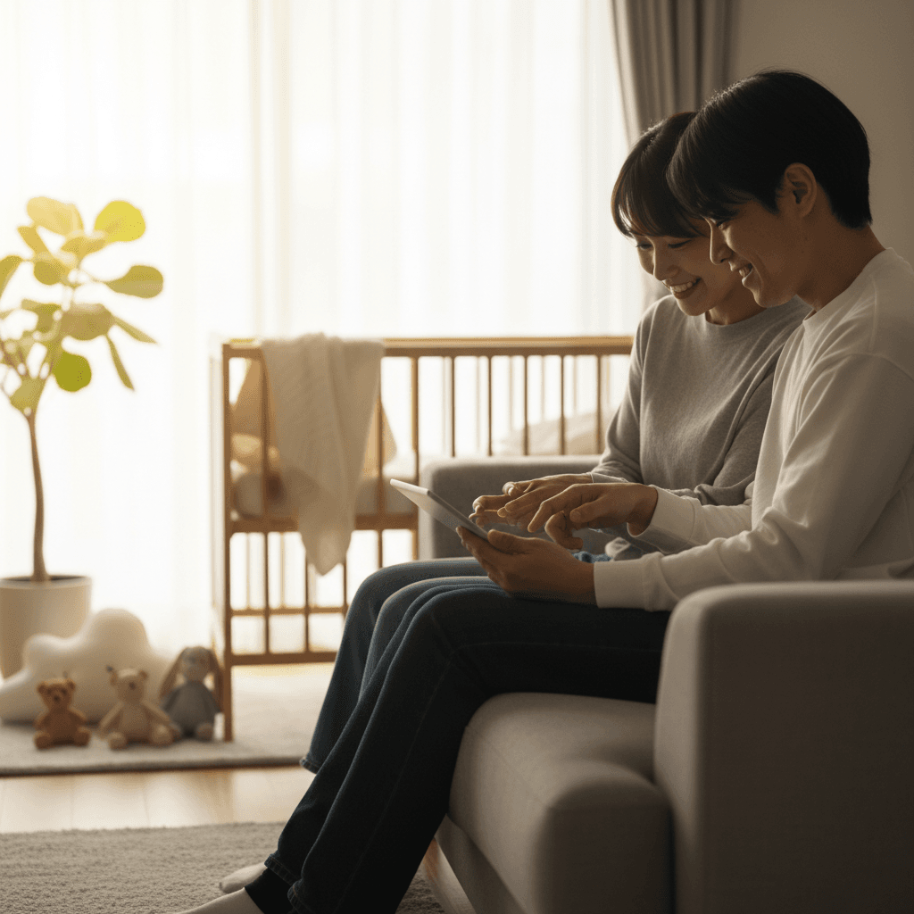 明るいリビングで将来の計画を話し合う30代の夫婦。傍らにはベビーベッドがある。