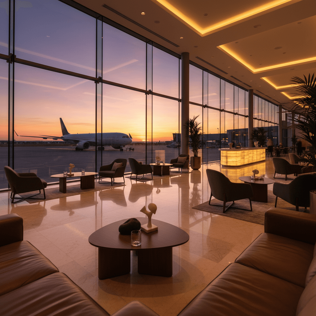 夕暮れ時のモダンな空港ターミナル。窓の外には出発を待つ飛行機が見える。