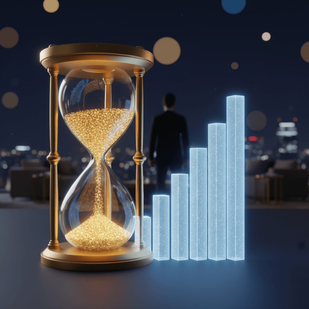 光り輝く砂時計と上昇するグラフの抽象的なイメージ、時間の経過とともに価値が増大する様子