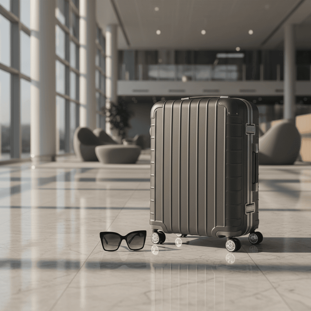 空港の床に置かれた洗練されたデザインのスーツケースと旅の準備品