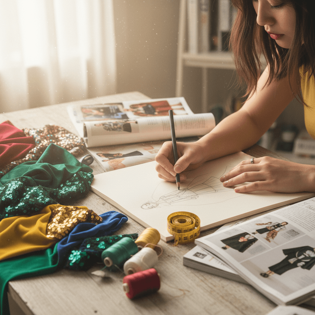 ファッションデザイナーを夢見る学生の作業机。色鮮やかな布地、デザイン画、メジャー、ミシンが並び、窓から柔らかな光が差し込んでいる。人物の顔は見えず、手元だけが映っている。