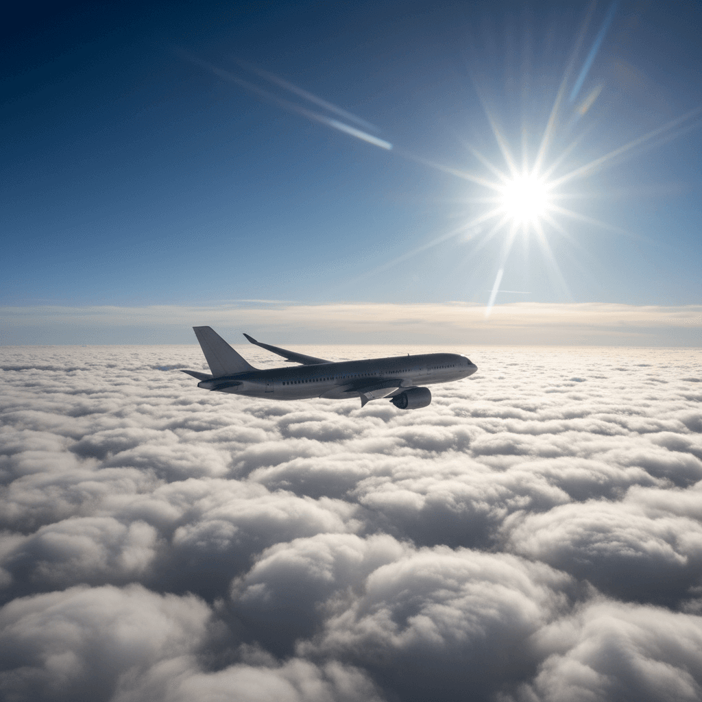 青空を突き抜けて飛ぶ大型旅客機。自由な旅の象徴