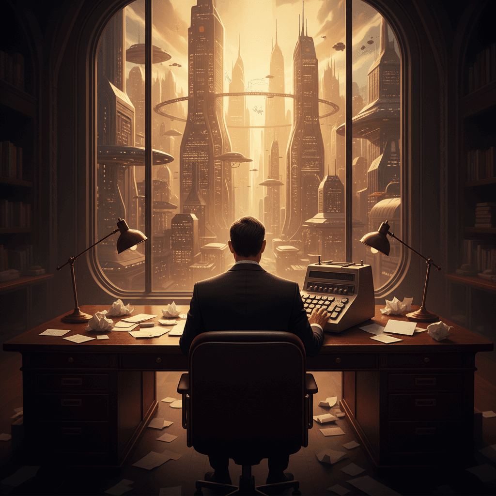 暗い部屋で古い電卓を叩き、少額のポイントに悩むビジネスマンの背中。窓の外には明るい未来の都市が見えるが、彼は気づいていない。