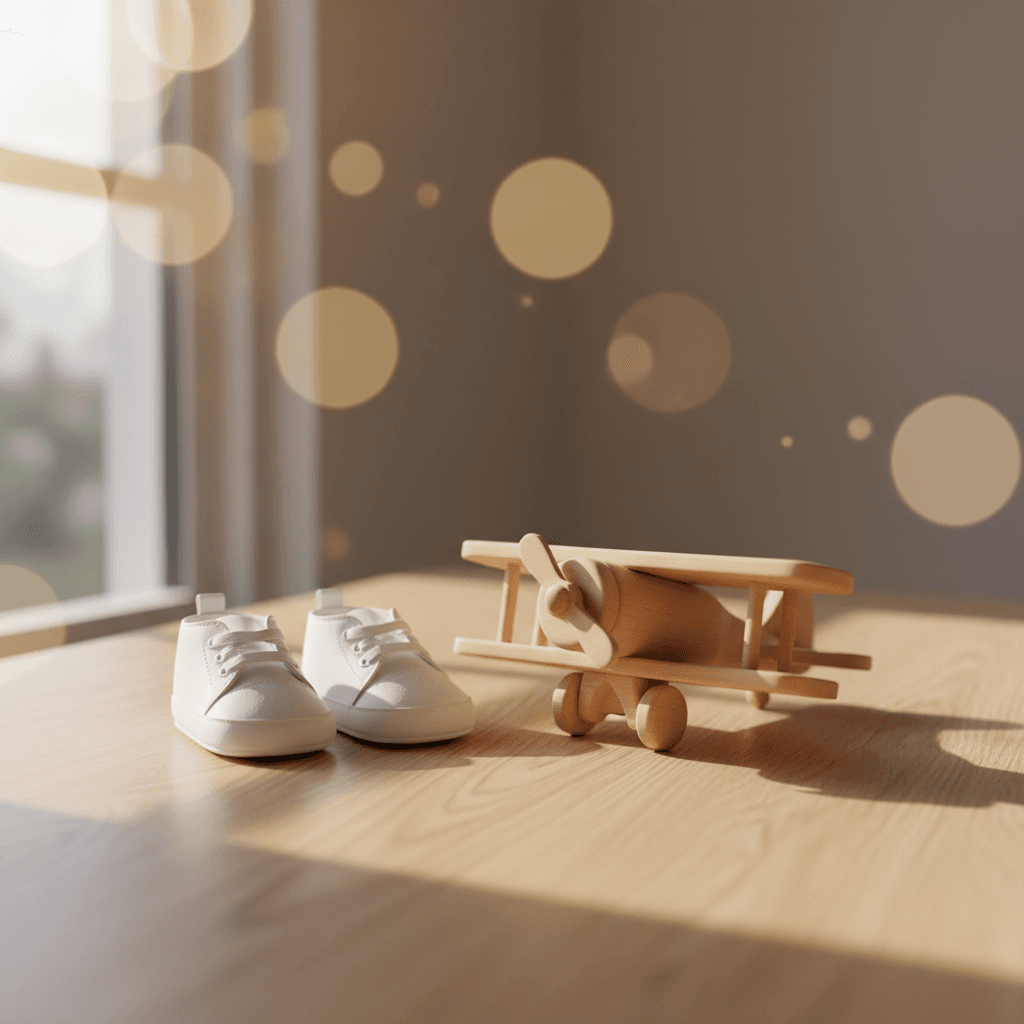 ベビーシューズと木製の飛行機のおもちゃが置かれたテーブル。