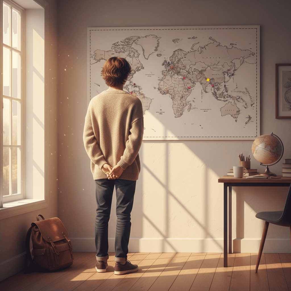 世界地図を眺める大学生