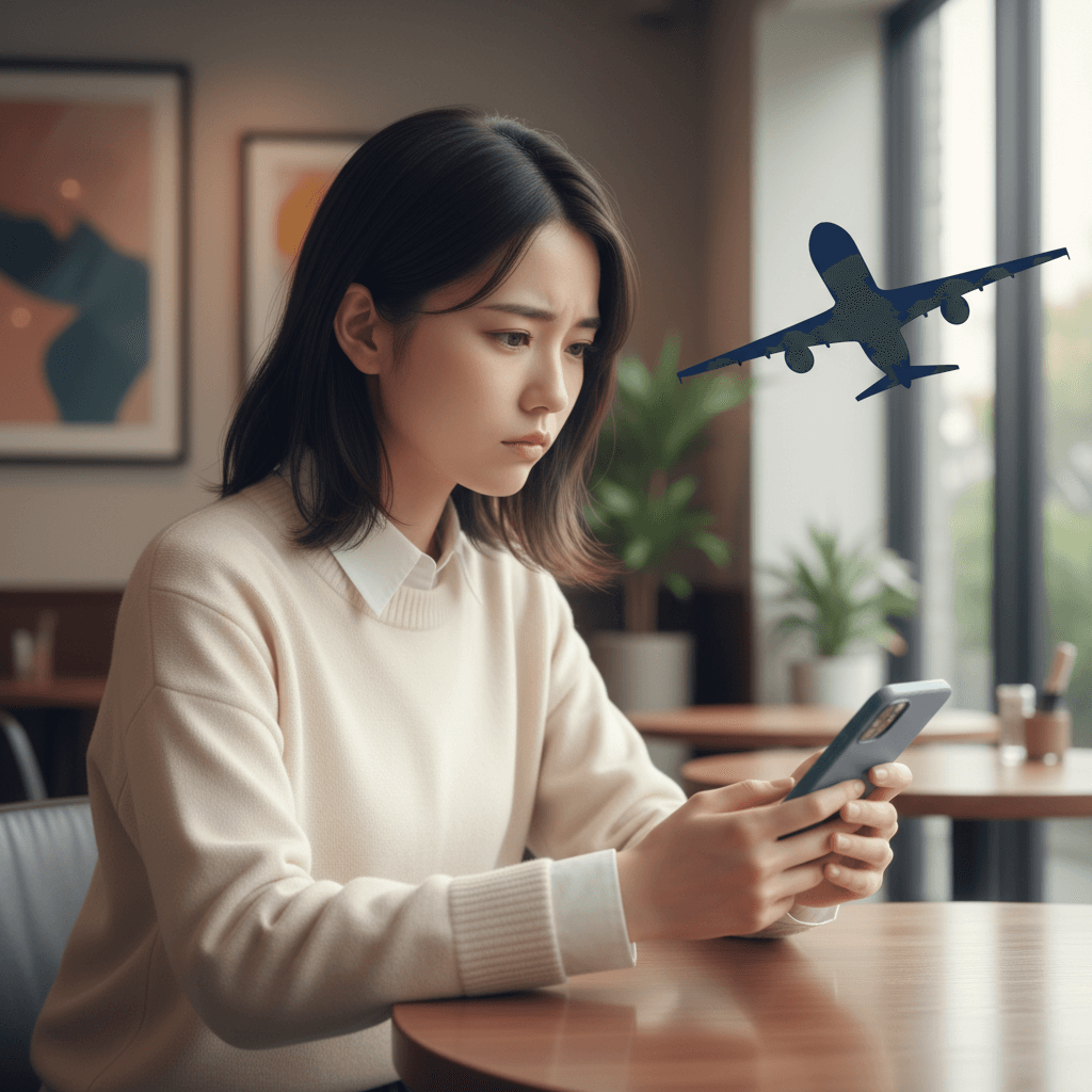 スマートフォンの計算機アプリを見つめながら、少し不安そうな表情を浮かべる20代後半の女性。背景にはぼんやりと飛行機のシルエットが浮かんでいる。
