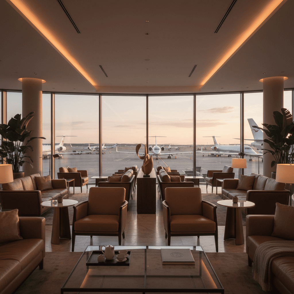 高級感あふれる空港ラウンジで出発を待つ静かな時間