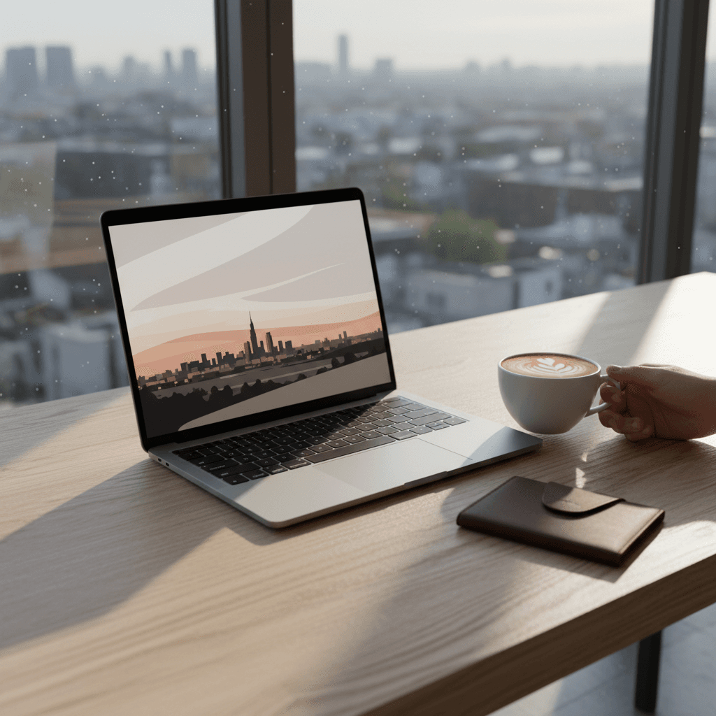 ミニマルなデスクの上に置かれたノートパソコン、レザーのパスポートケース、そして一杯のコーヒー。自然光が差し込む明るい空間。