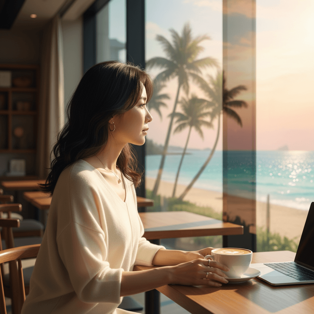 窓の外の南国の風景を思い浮かべながら、カフェでノートパソコンを開く30代の女性。顔は映さず、洗練されたオフィスカジュアルな服装で、落ち着いた雰囲気のインテリア。