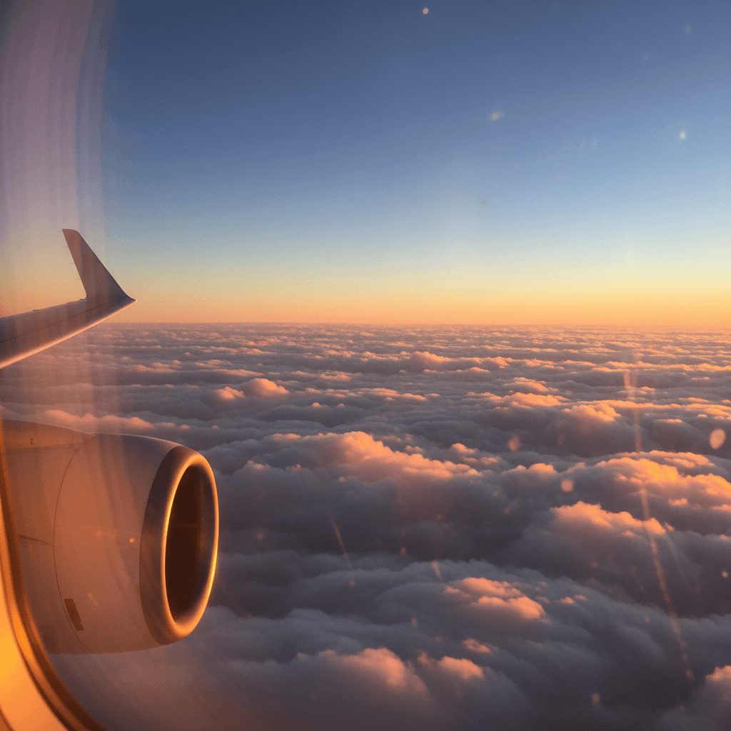 飛行機の窓から見える、夕日に染まる雲海と水平線。静寂と自由を感じさせる風景。