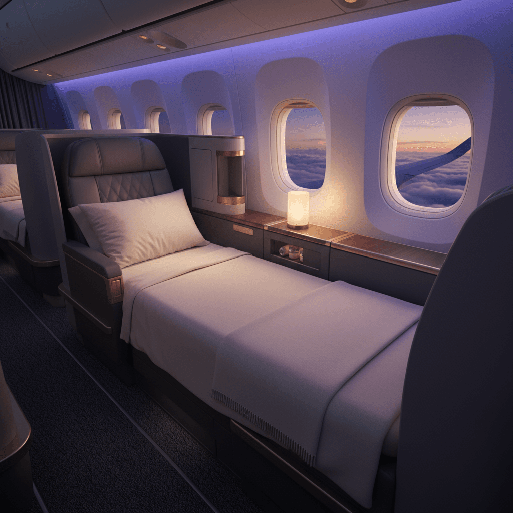 JALビジネスクラスを彷彿とさせる、高級感のある航空機のシート。窓からは雲海が見える。