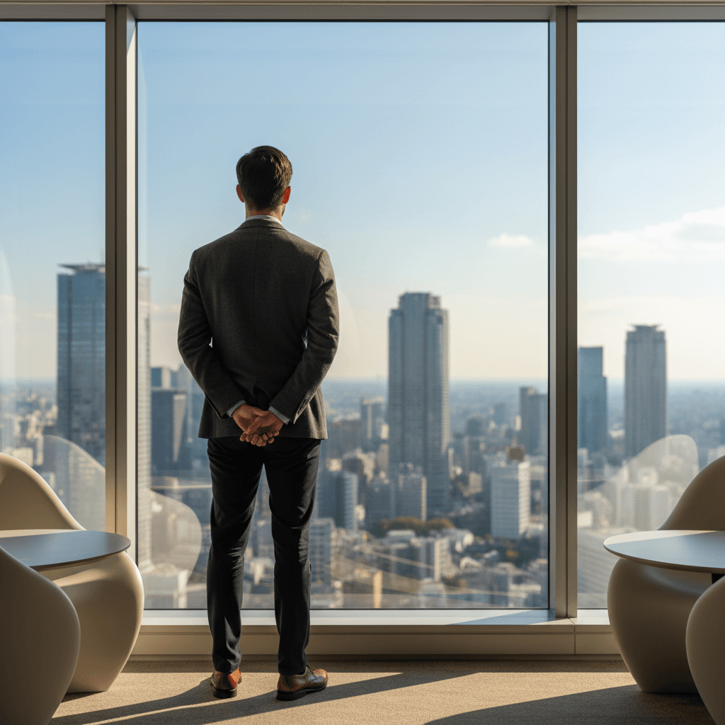 都会のオフィスで働く若手ビジネスパーソンの後ろ姿