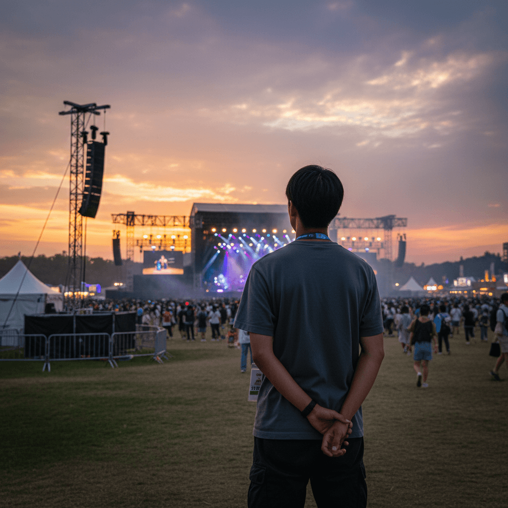 フェスの設営現場を遠くから見つめる大学生の背中