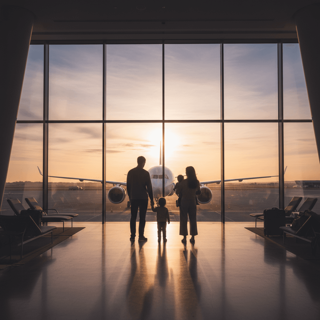 空港の出発ロビーで飛行機を眺める家族の背中