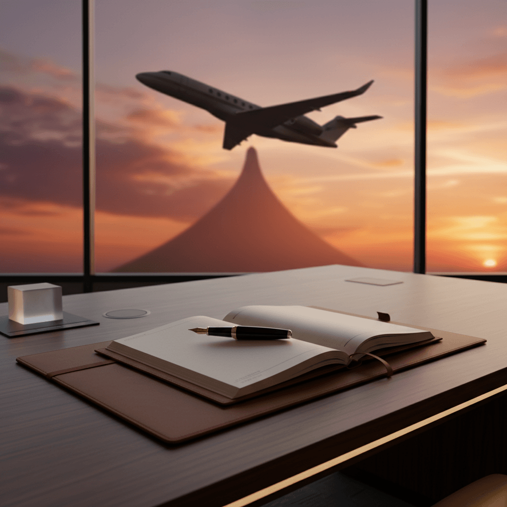 整理整頓された高級感のあるデスク。万年筆、上質な手帳、そして遠くに飛び立つ飛行機のシルエット。