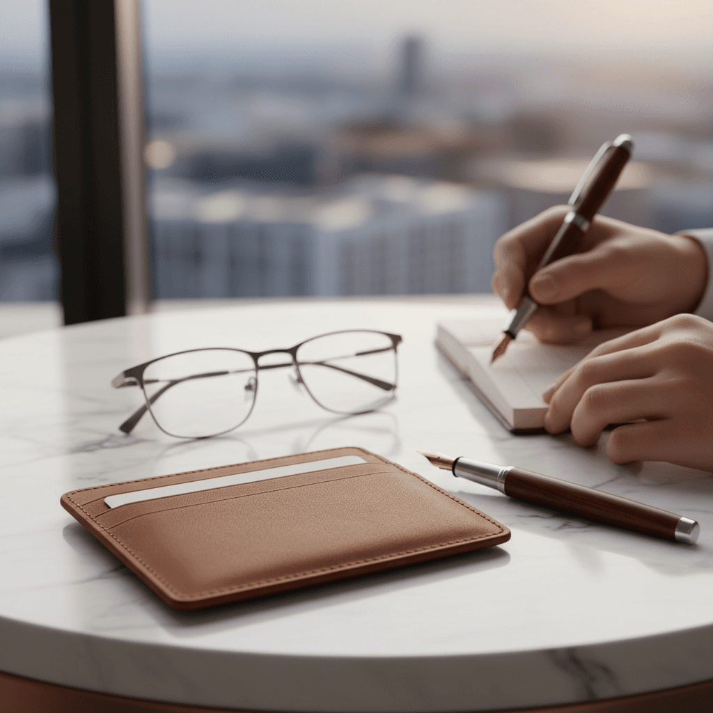 上質なレザーのカードケースと、整理されたビジネス小物のクローズアップ。