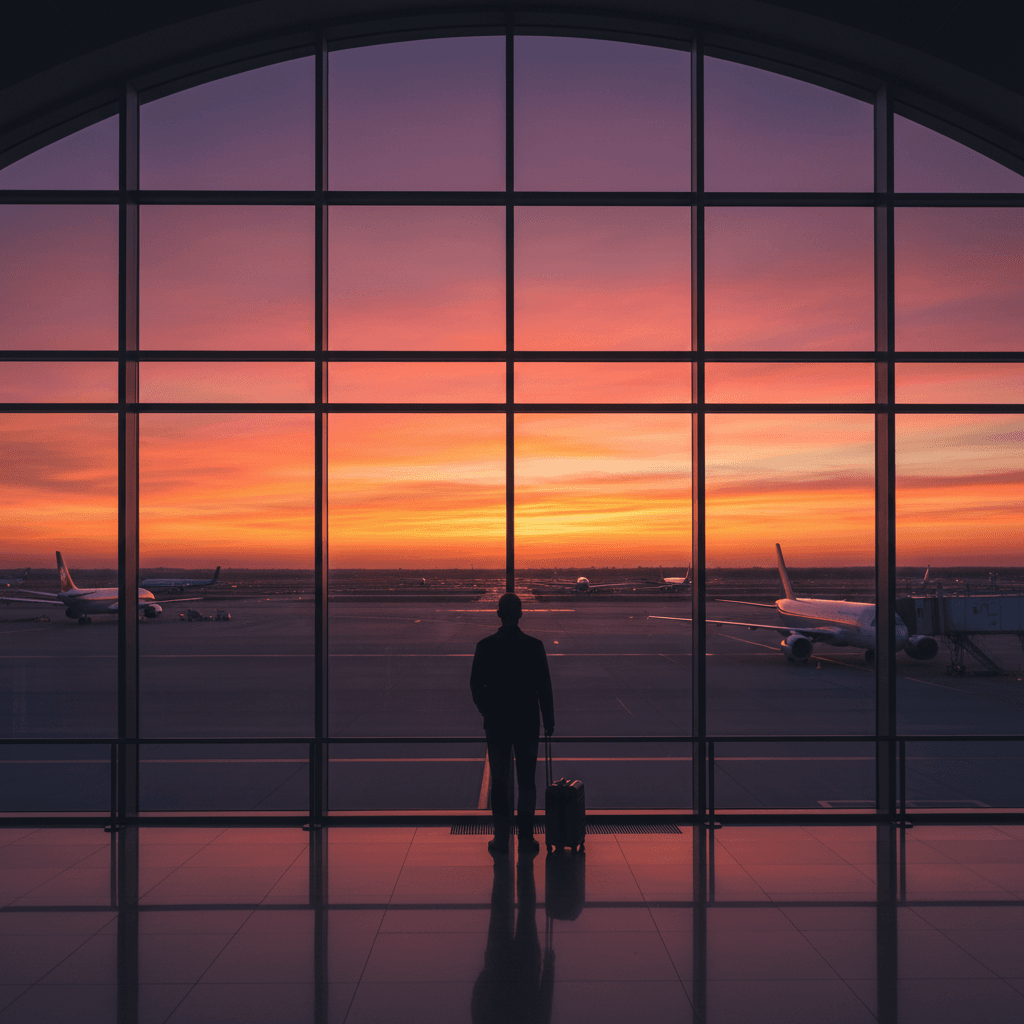 空港の大きな窓から、夕暮れの滑走路を眺めるシルエット