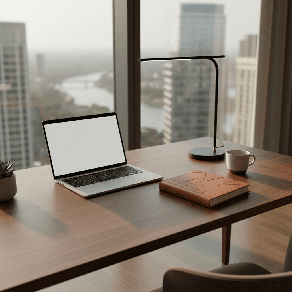 若手ビジネスパーソンの洗練されたワークスペース。モダンなノートPC、上質なノート、そして窓から差し込む柔らかな光。
