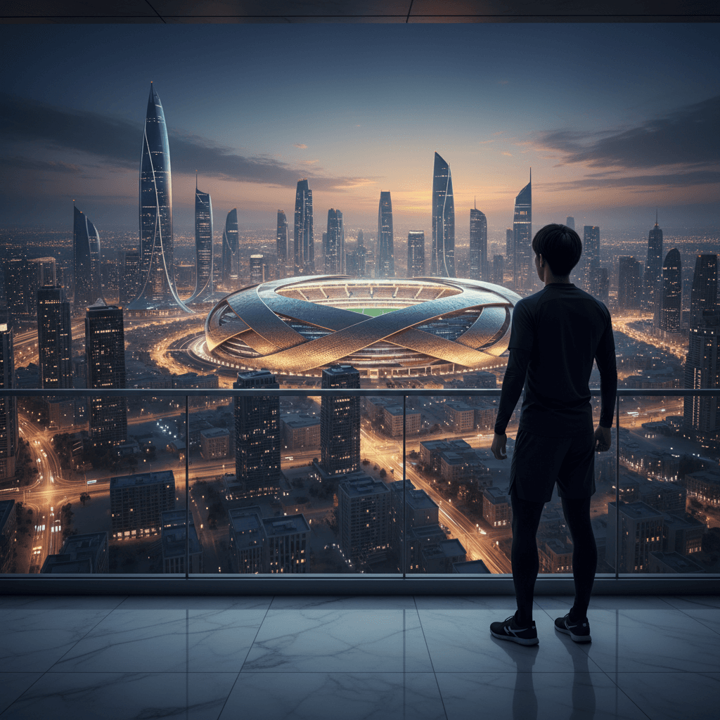 中東のスタジアムを望む夜景とアスリートの背中