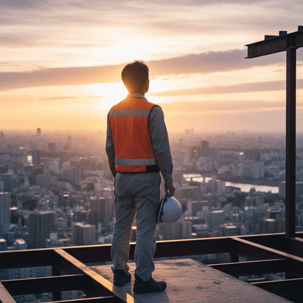 夕暮れ時の高層建築現場で、ヘルメットを脱ぎ遠くの街並みを見つめる40代の日本人男性技能士の背中。未来への決意を感じさせる静かな雰囲気。