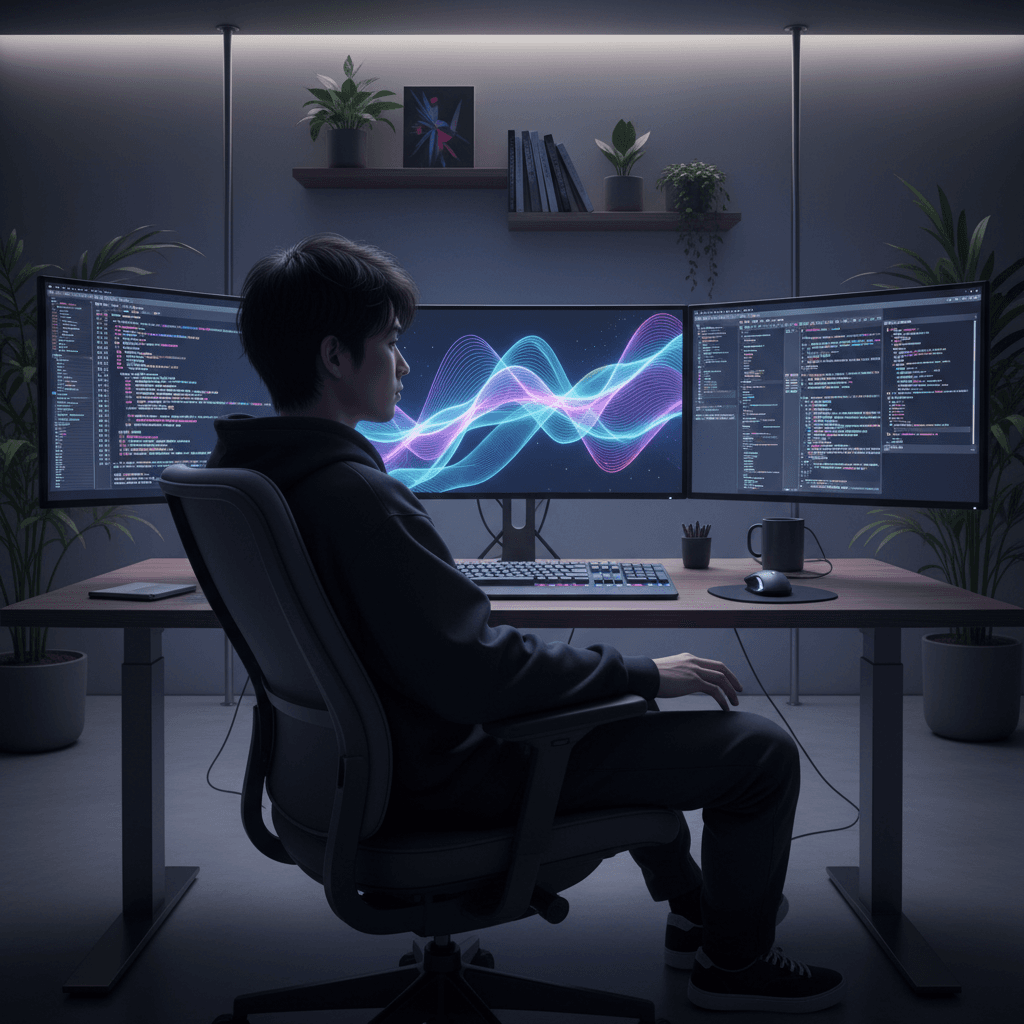 深夜のスタジオでコードと向き合う若きプログラマー