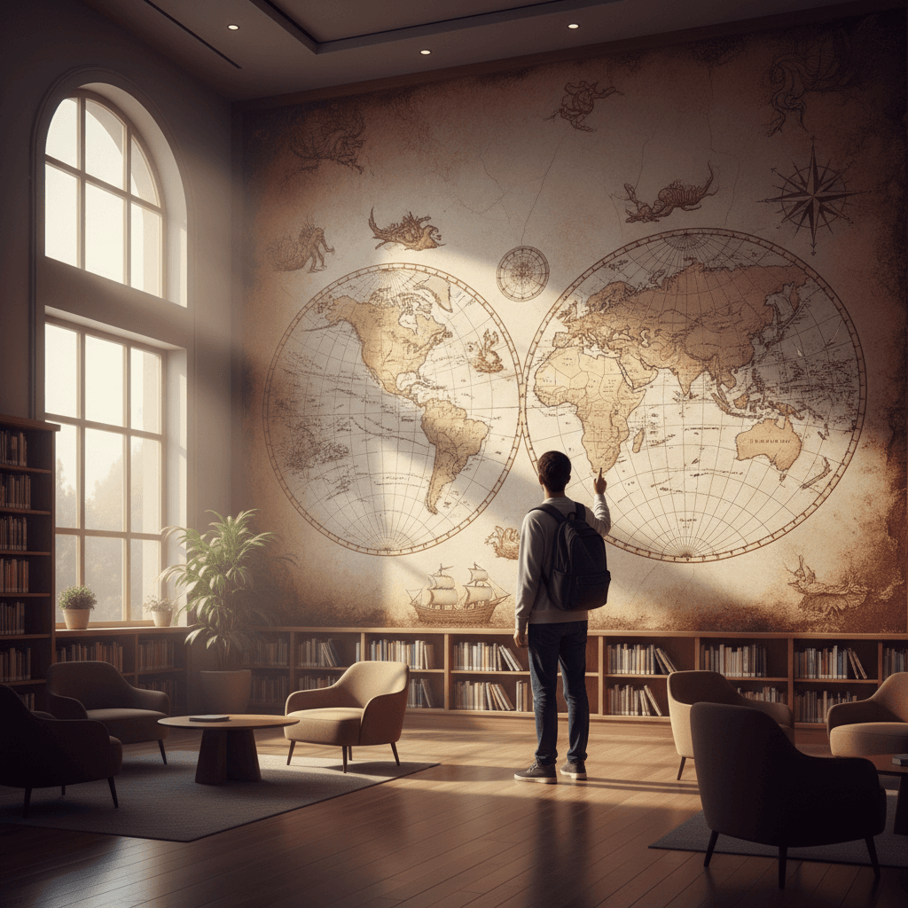 世界地図を眺める学生の背中