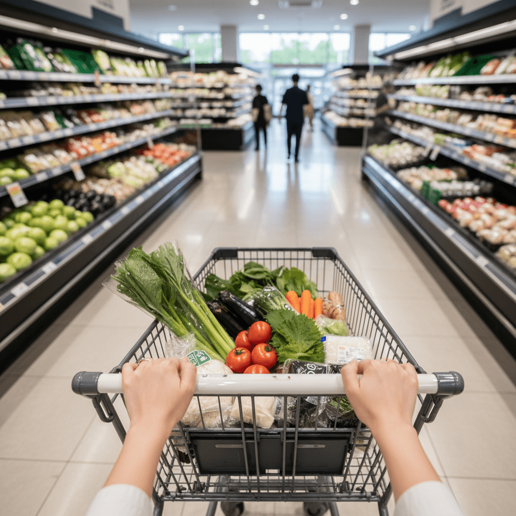 地方のスーパーで買い物をする女性の手元。カートには新鮮な食材が入っており、明るい店内の雰囲気が伝わる。顔は映さない。