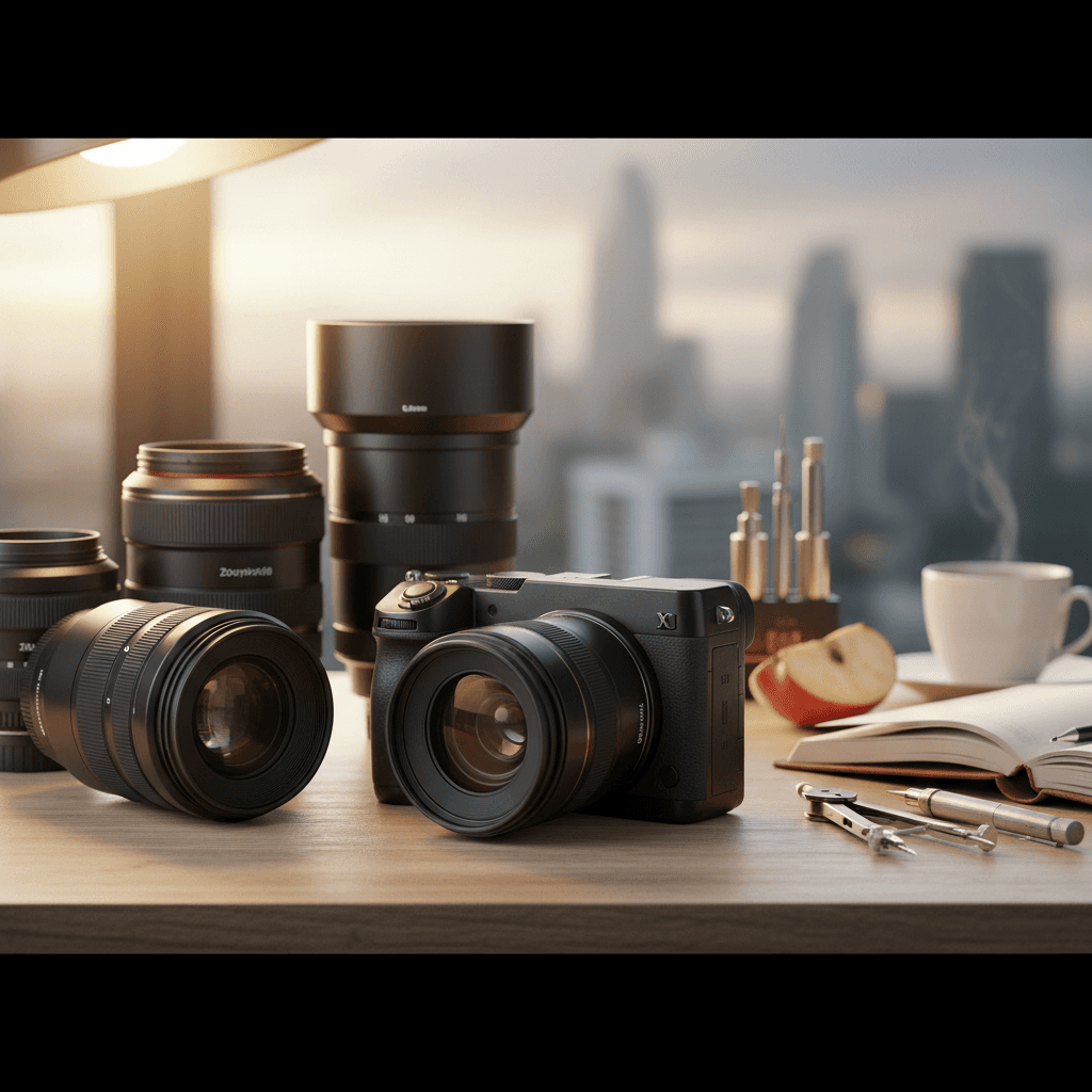 精密なカメラ機材とレンズ