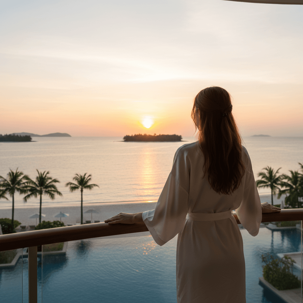 ホテルのバルコニーから美しい海を眺める女性の背中。リラックスした旅の雰囲気を表現。