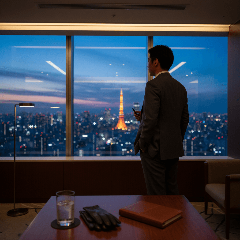 高級ホテルのラウンジから見える夜景と洗練されたテーブルセット