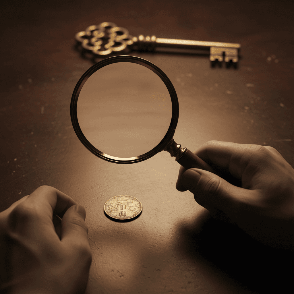 小さなコインに虫眼鏡を向ける一方で、背後にある大きな黄金の鍵に気づかない様子を表現した抽象的なイメージ。プロフェッショナルで落ち着いたトーン。